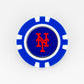 Ballmarkers by Logie Joes New York Mets marker features a blue and white poker chip design with the Mets logo in orange on a dark blue center.