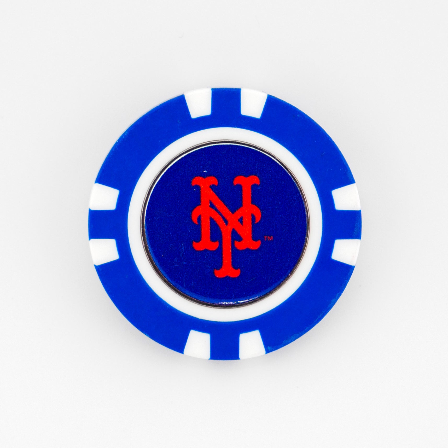 Ballmarkers by Logie Joes New York Mets marker features a blue and white poker chip design with the Mets logo in orange on a dark blue center.