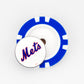This white poker chip-style marker by Ballmarkers from Logie Joes features blue accents and a round center with the New York Mets logo—an official MLB ball marker ideal for any golf enthusiast.