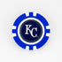 A blue and white poker chip ball marker by Ballmarkers from Logie Joe’s, featuring the Kansas City Royals logo—an ideal addition to any MLB fans golf set.