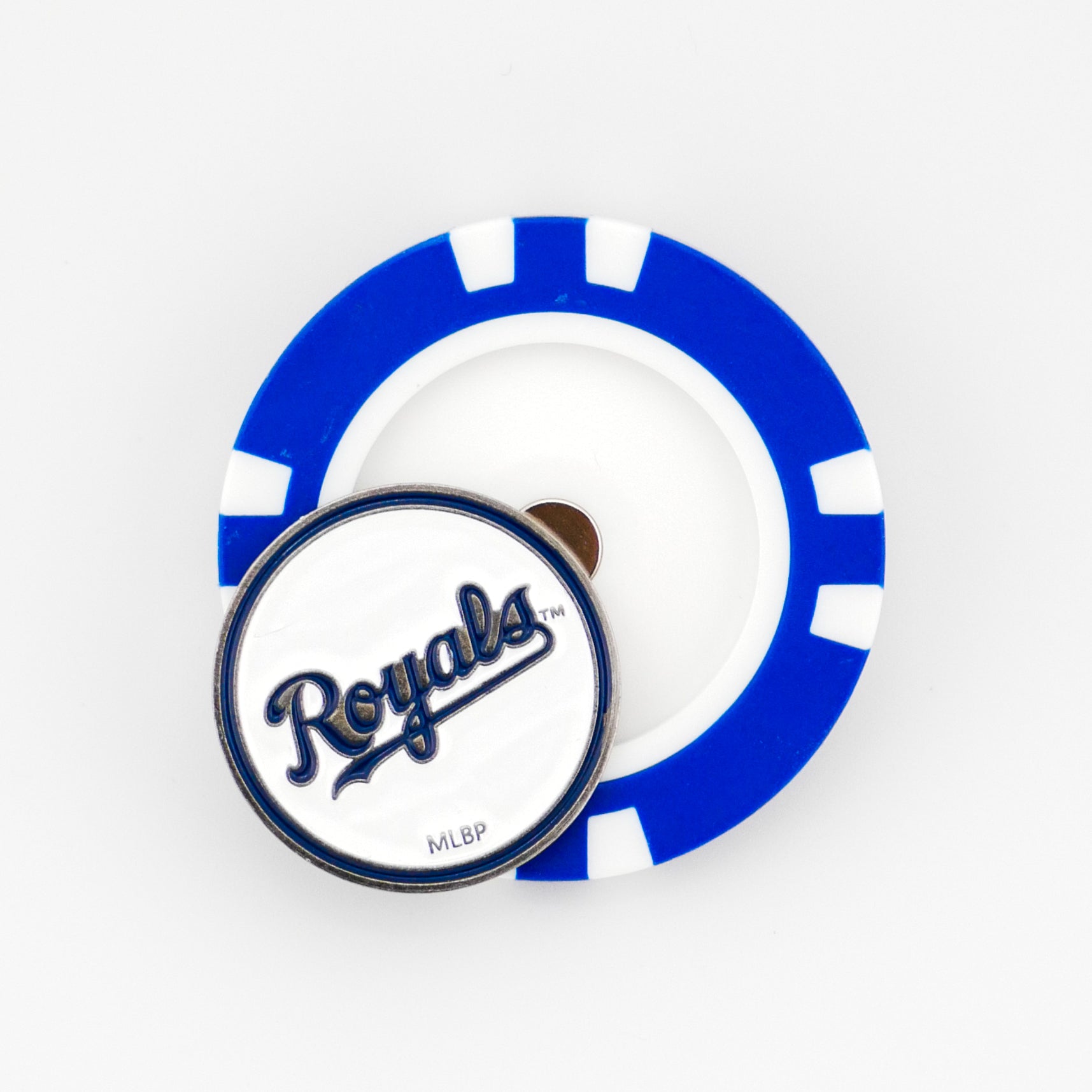 A blue and white Kansas City Royals poker chip ball marker by Ballmarkers from Logie Joes, featuring a circular pin with Royals in blue script.
