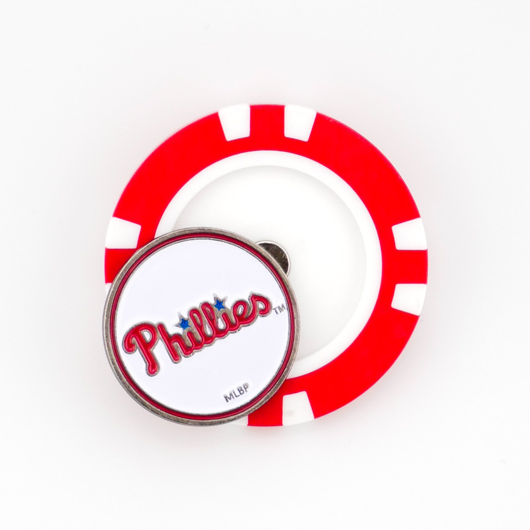 Add style to your golf gear with the Philadelphia Phillies ball marker by Ballmarkers from Logie Joe’s, featuring red and white colors with the team logo—a must-have accessory for fans.