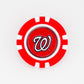 The Ballmarkers by Logie Joes Washington Nationals poker chip marker features a red and white design with a stylized white W outlined in black on a red center background.