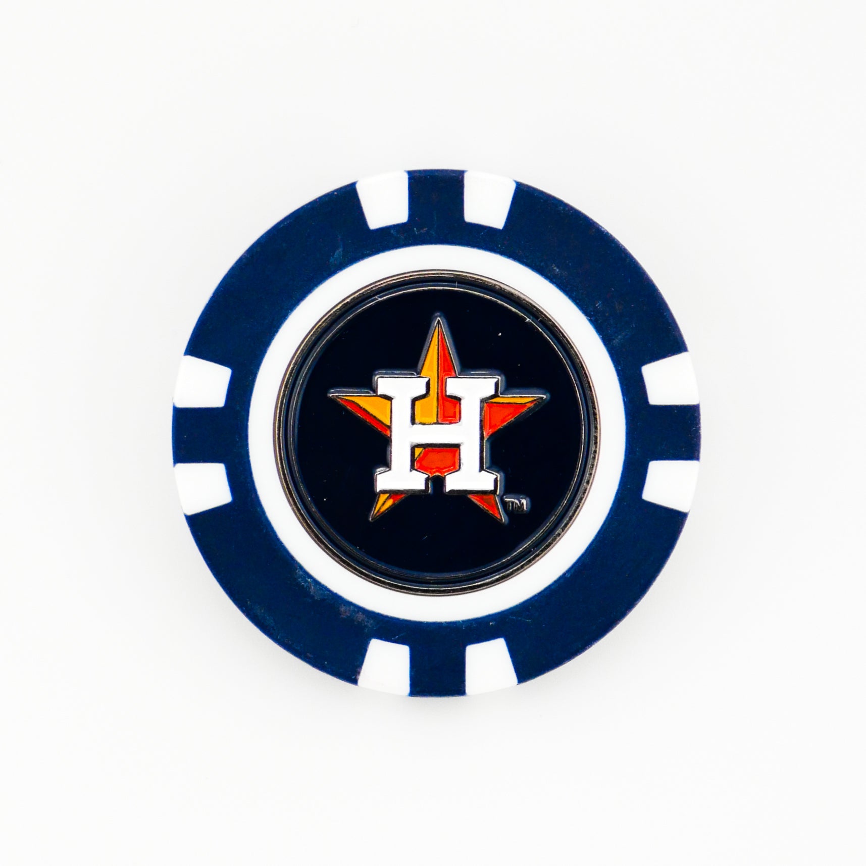 The Houston Astros ball marker by Ballmarkers from Logie Joes features a blue and white poker chip-style design with the team’s logo—perfect for MLB golf fans.