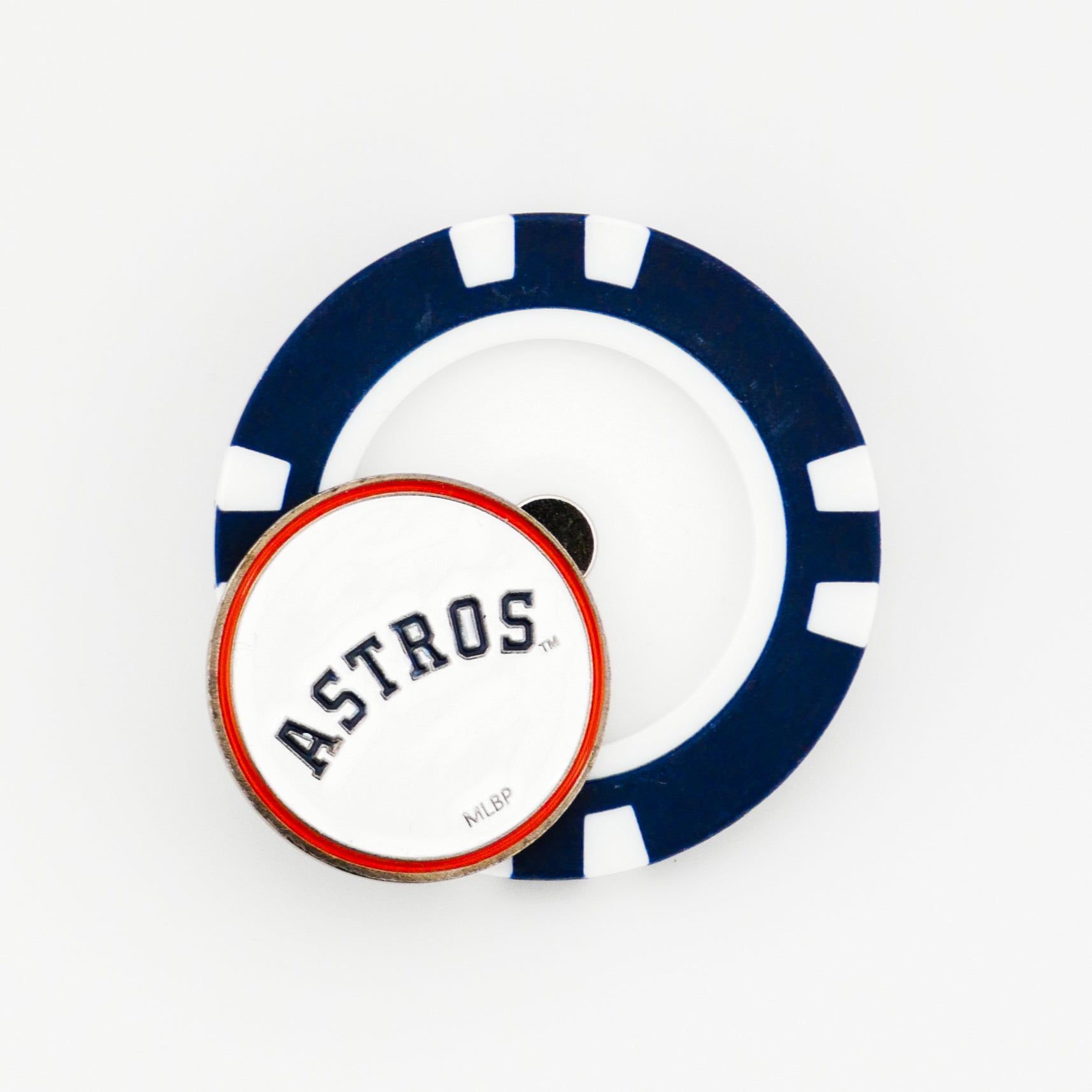 Show your team pride with this Ballmarkers by Logie Joes Houston Astros marker—a navy blue and white poker chip-style design with a button on top featuring ASTROS in navy and orange—perfect for MLB or golf fans.