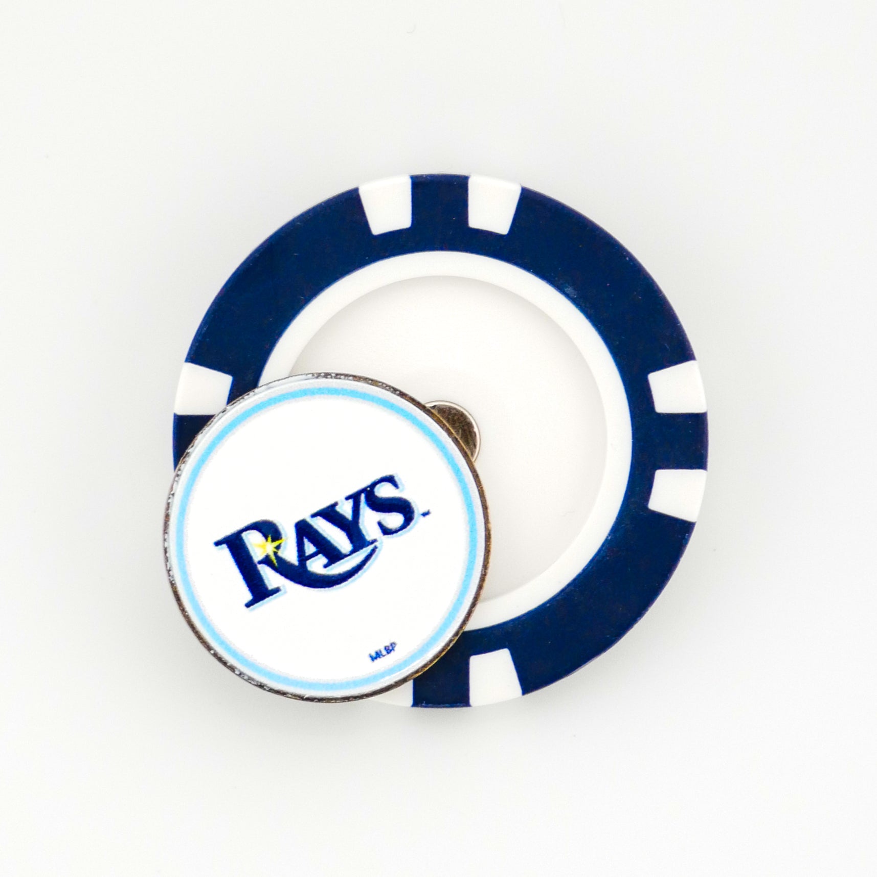 A blue and white ball marker by Logie Joes featuring the Tampa Bay Rays logo in blue and yellow text on a white circular pin.