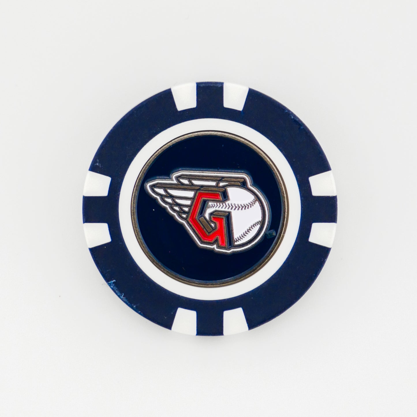A blue and white poker chip ball marker by Ballmarkers from Logie Joes, featuring the Cleveland Guardians logo with a winged baseball and red G in the center.
