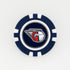 A blue and white poker chip ball marker by Ballmarkers from Logie Joes, featuring the Cleveland Guardians logo with a winged baseball and red G in the center.