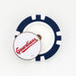 A blue and white poker chip ball marker by Ballmarkers from Logie Joes, featuring a round Cleveland Guardians logo on top, set against a plain white background.