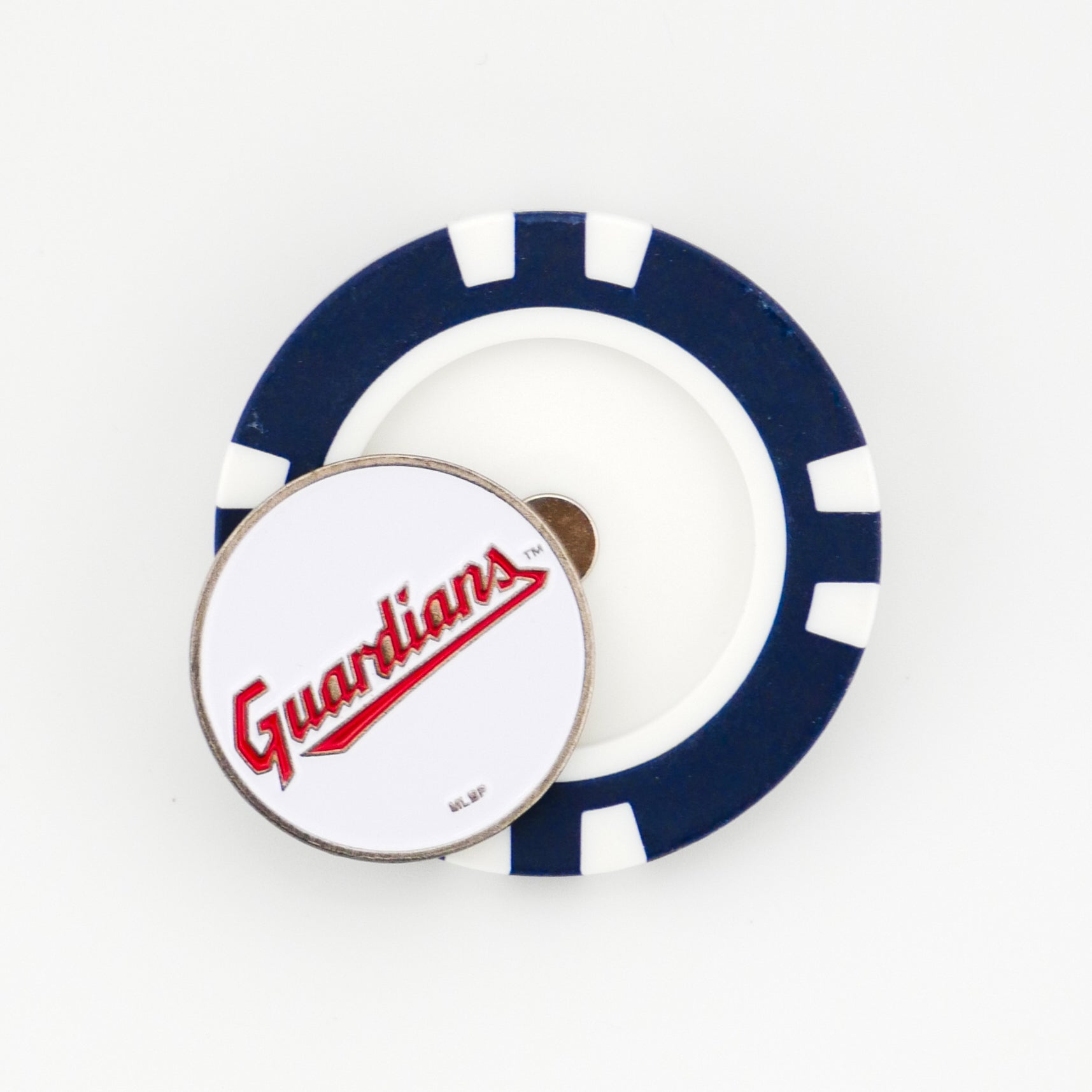 A blue and white poker chip ball marker by Ballmarkers from Logie Joes, featuring a round Cleveland Guardians logo on top, set against a plain white background.