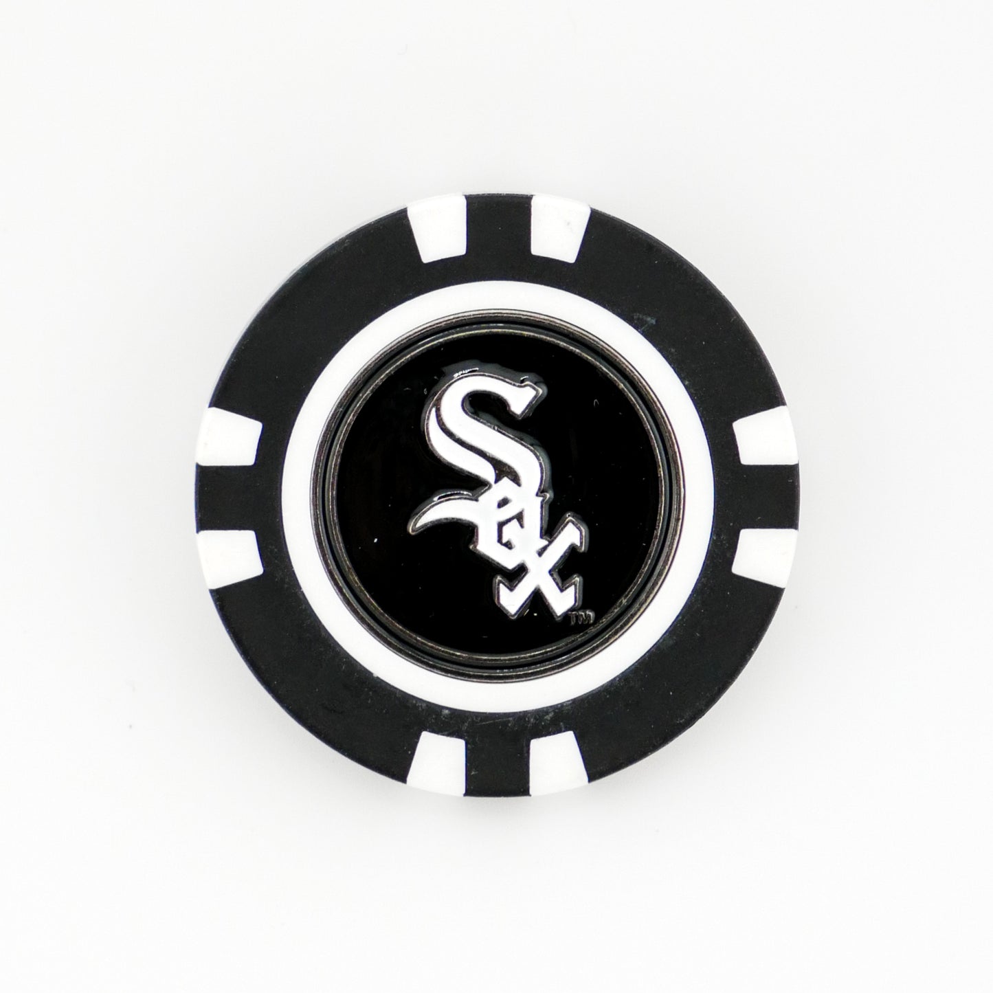 Show your MLB pride on the course with the Chicago White Sox ball marker from Ballmarkers by Logie Joes—features a black chip design with white accents and team logo at the center.