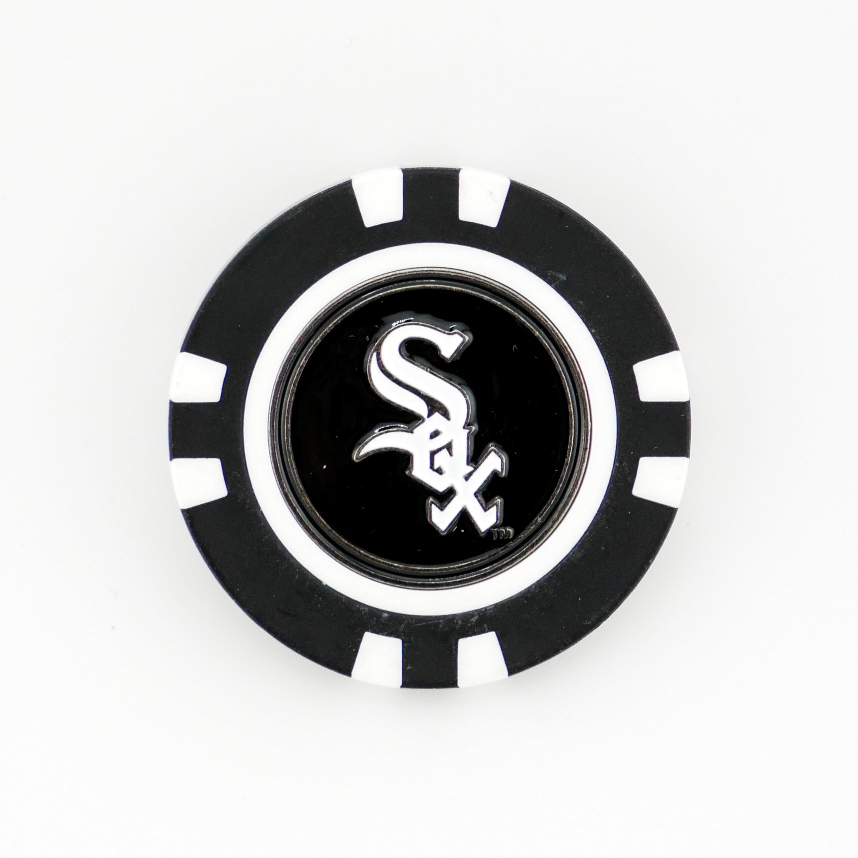 Show your MLB pride on the course with the Chicago White Sox ball marker from Ballmarkers by Logie Joes—features a black chip design with white accents and team logo at the center.