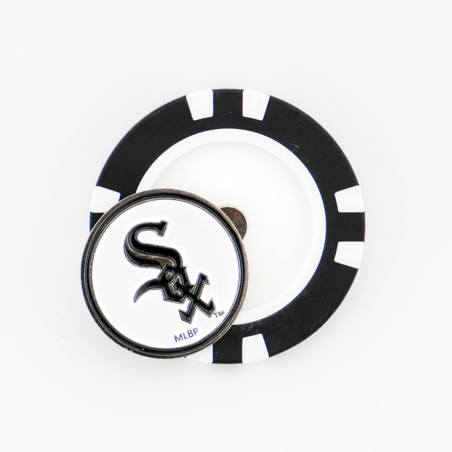 A Chicago White Sox ball marker and circular pin by Ballmarkers from Logie Joes, both in black and white, are displayed together on a plain white background.