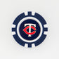 A blue and white poker chip ball marker by Ballmarkers from Logie Joes, featuring the Minnesota Twins logo: a red C interlocked with a white T on a dark blue background.
