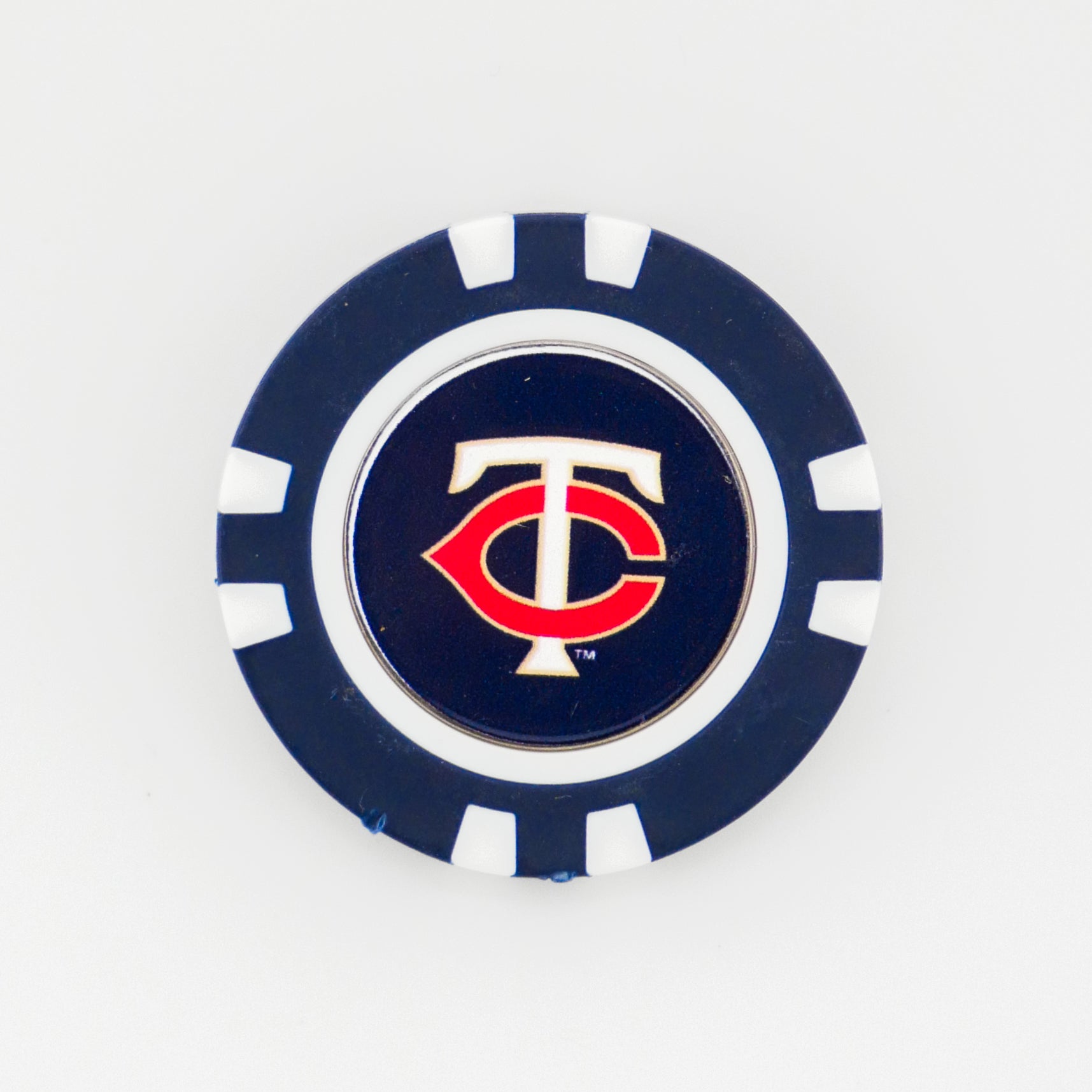 A blue and white poker chip ball marker by Ballmarkers from Logie Joes, featuring the Minnesota Twins logo: a red C interlocked with a white T on a dark blue background.