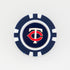 A blue and white poker chip ball marker by Ballmarkers from Logie Joes, featuring the Minnesota Twins logo: a red C interlocked with a white T on a dark blue background.
