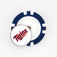 A blue and white poker chip ball marker from Ballmarkers by Logie Joes, featuring the Minnesota Twins logo in red and blue cursive on a circular top.