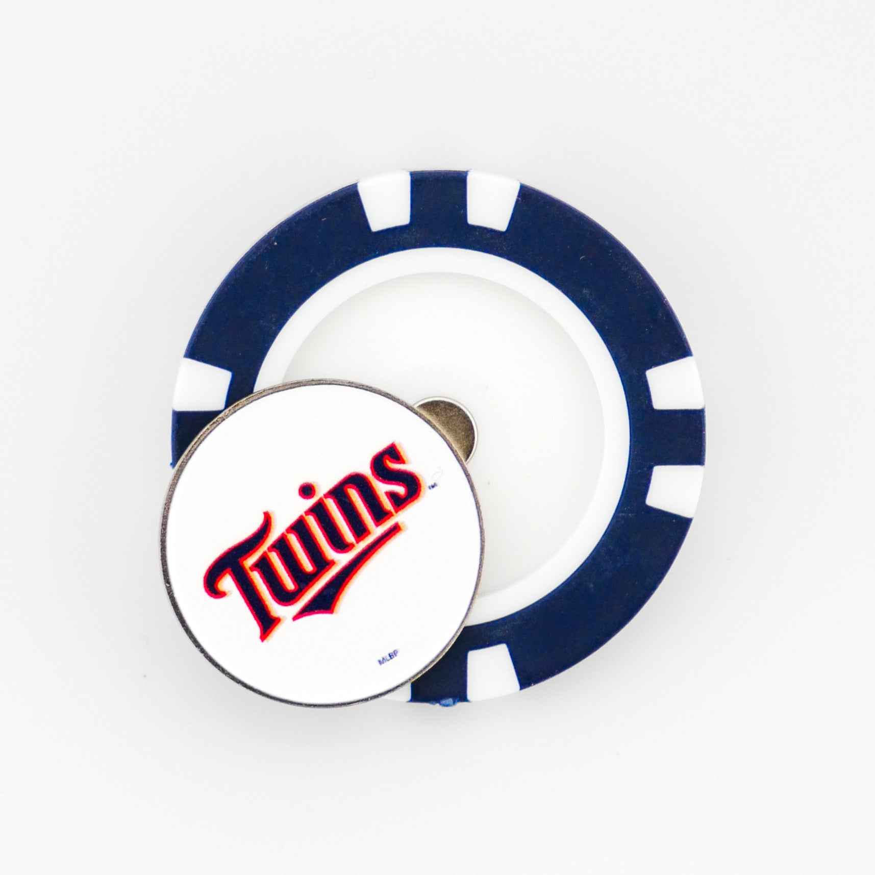 A blue and white poker chip ball marker from Ballmarkers by Logie Joes, featuring the Minnesota Twins logo in red and blue cursive on a circular top.