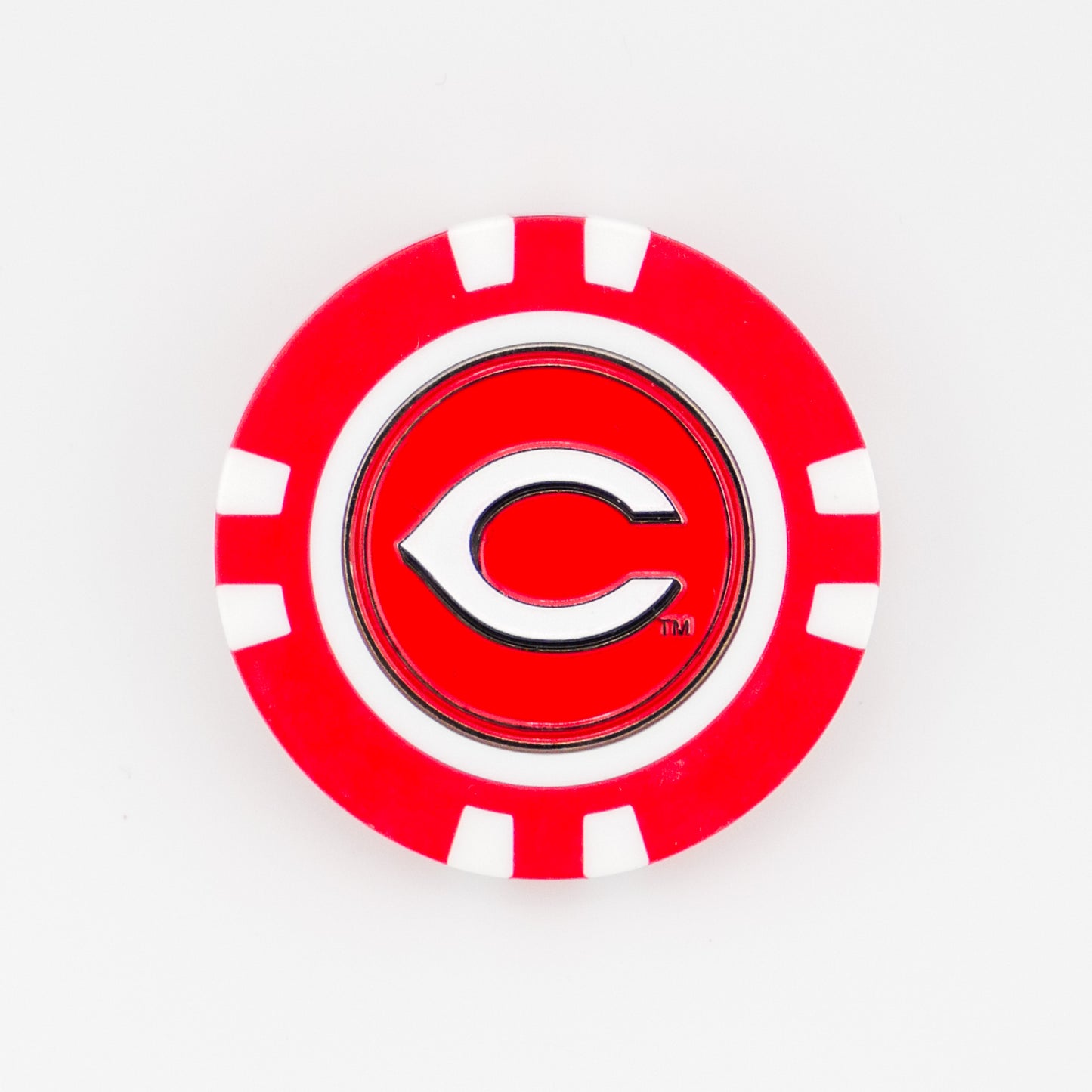 Show your MLB pride with Ballmarkers by Logie Joes Cincinnati Reds marker—a red and white poker chip-style golf ball marker featuring the iconic wishbone C logo—perfect for any Cincinnati Reds fan.