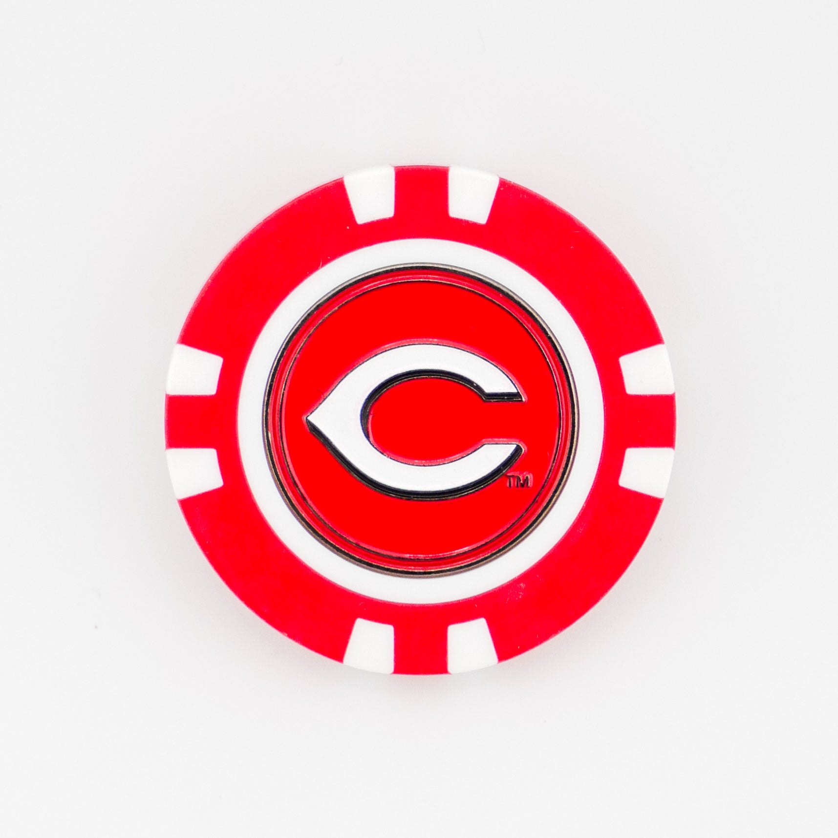 Show your MLB pride with Ballmarkers by Logie Joes Cincinnati Reds marker—a red and white poker chip-style golf ball marker featuring the iconic wishbone C logo—perfect for any Cincinnati Reds fan.