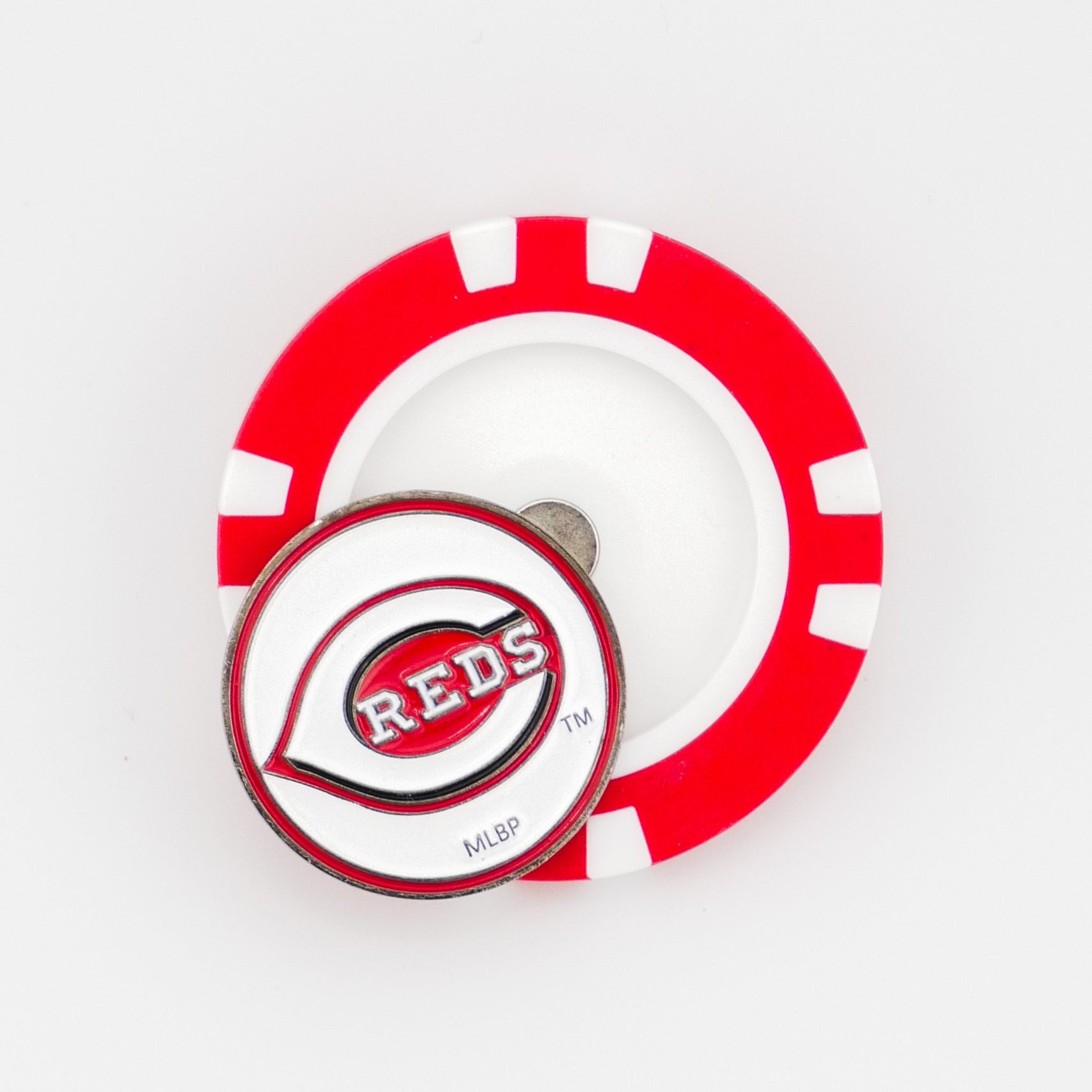A Ballmarkers by Logie Joes poker chip-style marker in red and white featuring a circular Cincinnati Reds logo coin, shown on a white background.