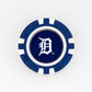 A blue and white ball marker from Ballmarkers by Logie Joes, featuring the Detroit Tigers old English D logo in white on a navy background, displayed against a plain white surface.