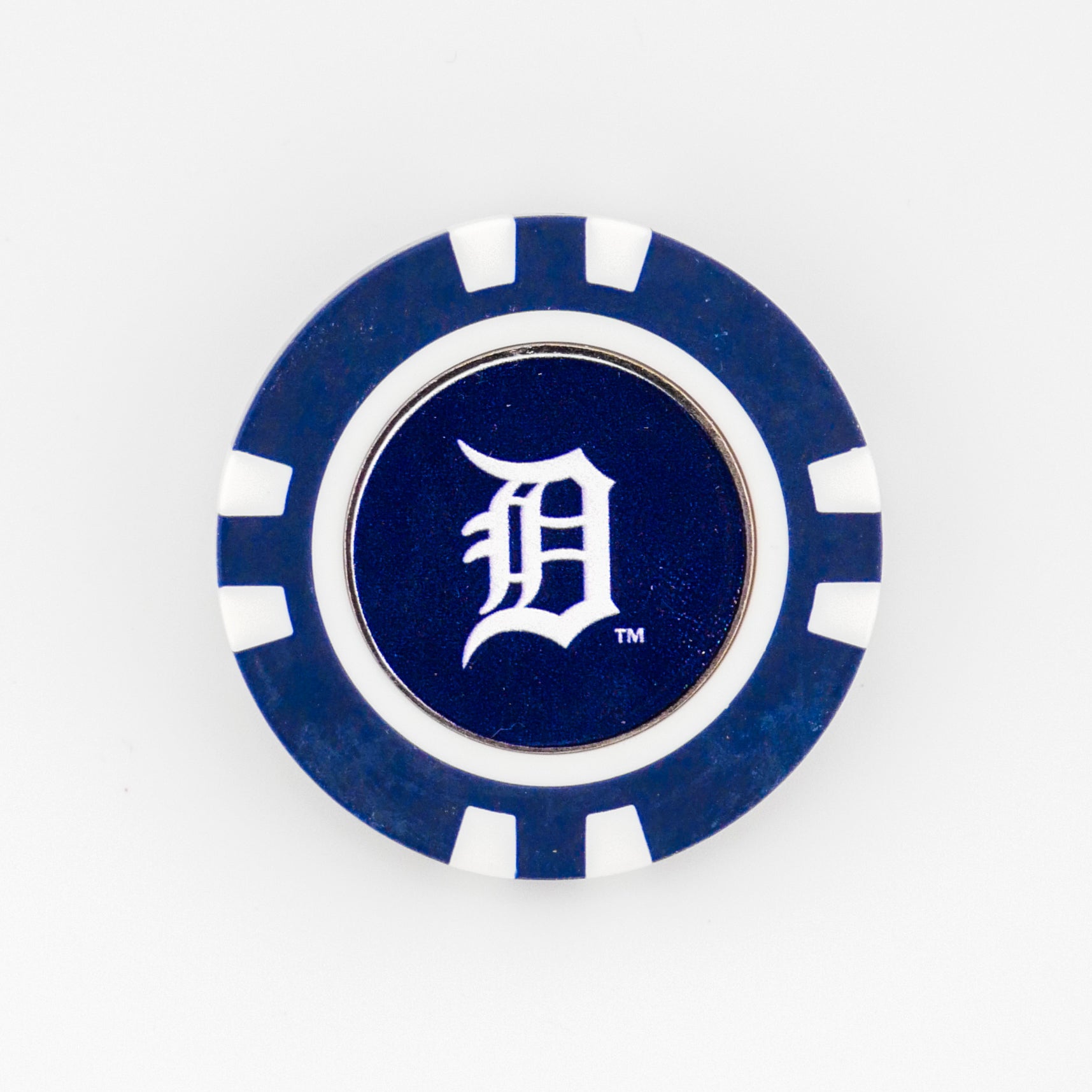 A blue and white ball marker from Ballmarkers by Logie Joes, featuring the Detroit Tigers old English D logo in white on a navy background, displayed against a plain white surface.