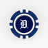 A blue and white ball marker from Ballmarkers by Logie Joes, featuring the Detroit Tigers old English D logo in white on a navy background, displayed against a plain white surface.