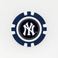 A blue and white poker chip-style marker by Ballmarkers from Logie Joes, featuring the New York Yankees logo with a white interlocking NY in the center, displayed on a plain white background.