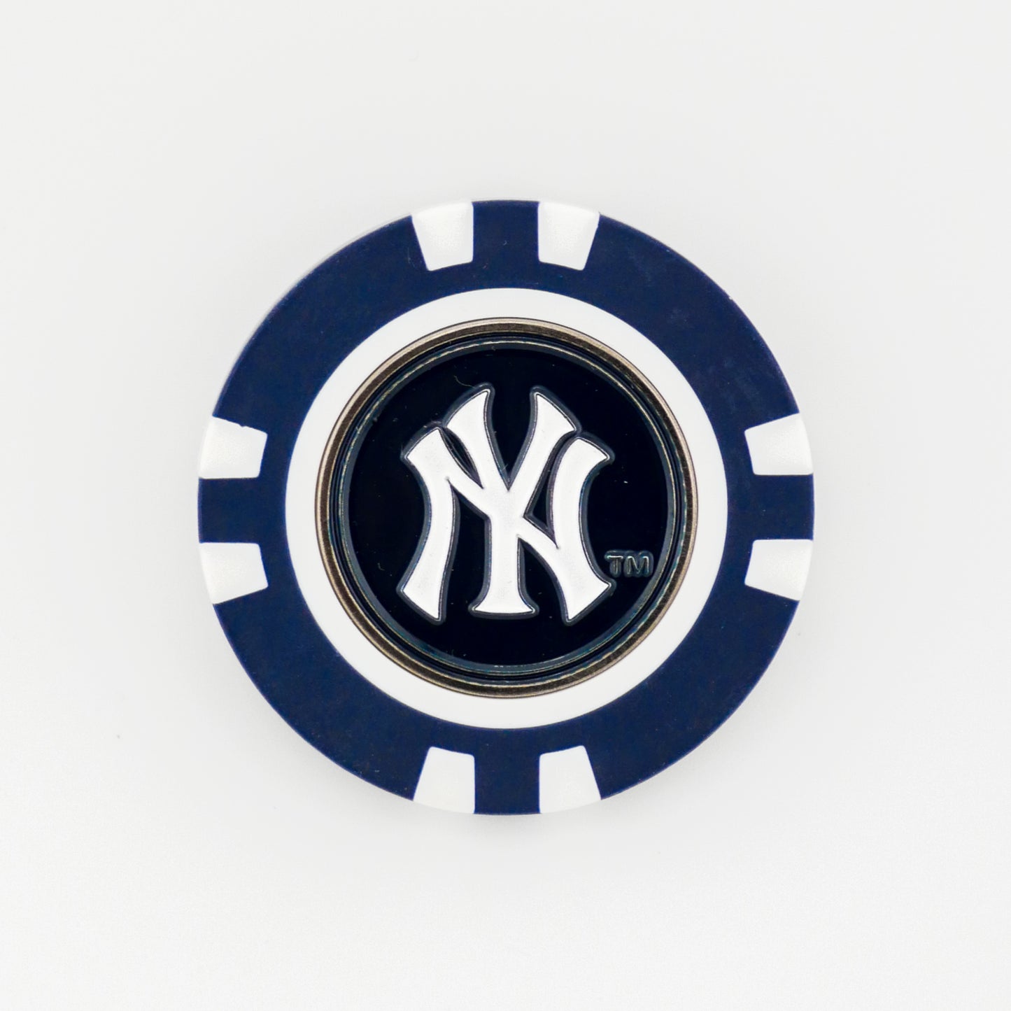 A blue and white poker chip-style marker by Ballmarkers from Logie Joes, featuring the New York Yankees logo with a white interlocking NY in the center, displayed on a plain white background.