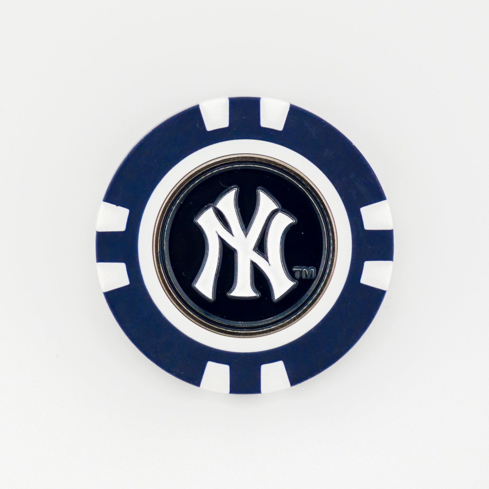 A blue and white poker chip-style marker by Ballmarkers from Logie Joes, featuring the New York Yankees logo with a white interlocking NY in the center, displayed on a plain white background.