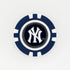 A blue and white poker chip-style marker by Ballmarkers from Logie Joes, featuring the New York Yankees logo with a white interlocking NY in the center, displayed on a plain white background.