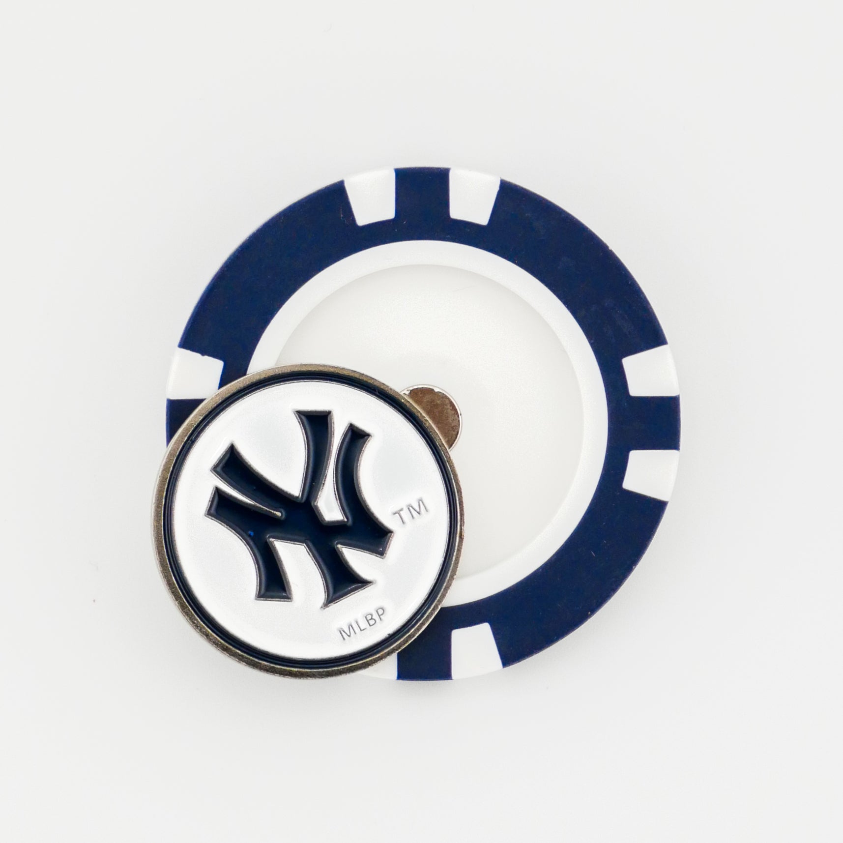 The Ballmarkers by Logie Joes New York Yankees marker features a blue and white poker chip-style design with a circular token displaying the iconic Yankees logo in navy on a white background.